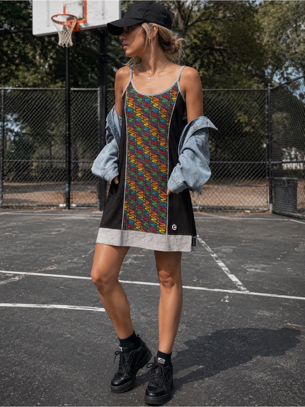COOGI Sleeveless Black Tank Dress with Multicolor Front Panel Y2K